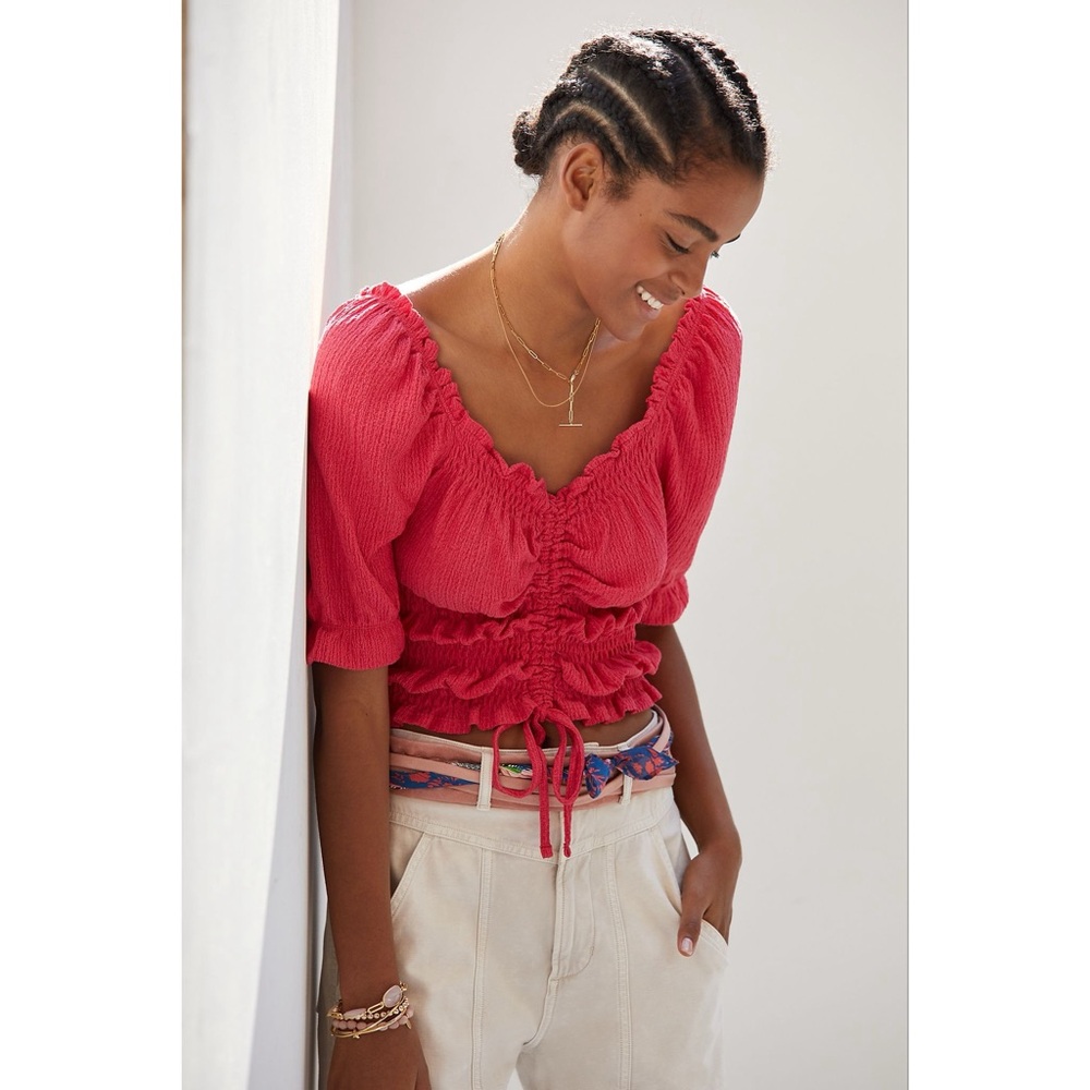 Anthropologie Pilcro Ruffle Puff-Sleeved Cinched Waist Blouse Top Size XS Pink